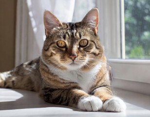 Um lindo gato tigrado, deitado ao lado de uma janela. - obrazy, fototapety, plakaty