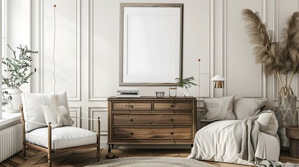 A mockup poster blank frame hanging on a classic vanity dresser, above a comfortable loveseat, dressing room, Scandinavian style interior design