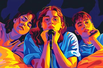 Illustration with friends at karaoke. Men and women sing into a microphone. Friends and girlfriends perform on stage with a microphone. Illustration for podcasts or karaoke party posters. Stand-up com