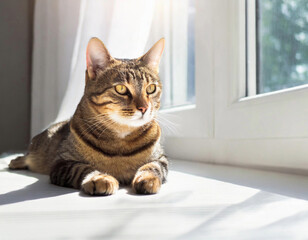 Um lindo gato tigrado, deitado ao lado de uma janela. - obrazy, fototapety, plakaty