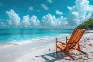 A solitary wooden lounge chair facing a serene turquoise sea on a tranquil tropical beach with fluffy clouds in a blue sky.