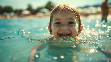 Cute child swimming in sea