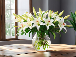 Natural Grace: White Lilies Bouquet Illuminated by Soft Natural Light on Wooden Table. generative AI