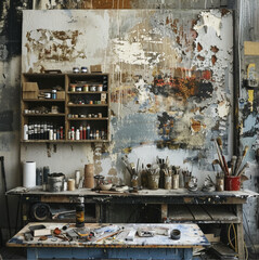Artist's workshop wall, room full of paintings, painter's room