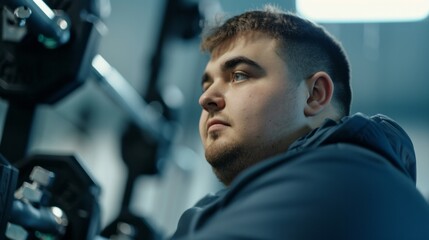 Fototapeta na wymiar An overweight young man in the gym preparing to play sports, the concept of an active life in young age, taking care of the body 