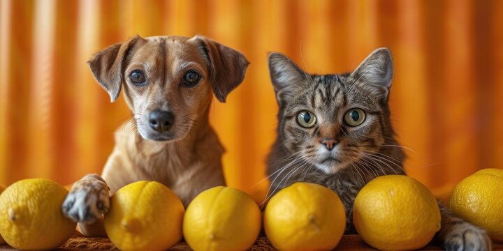 A lovable dog and cat pose against a vibrant orange backdrop. Conceptual Pets: An Image Shoot. Ai generative
