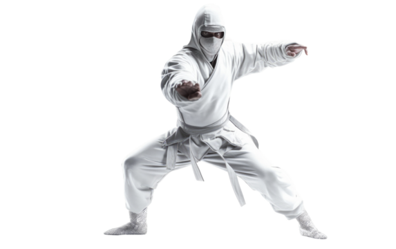 A Man in a White Outfit Practicing Karate. A man dressed in a white outfit is engaged in the practice of karate, demonstrating martial arts techniques with skill and precision.