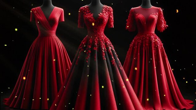 Stylish red dresses on a black background with gold sparkles.