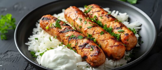 Delicious chicken skewers served with fragrant rice and savory cilantro sauce on a white plate
