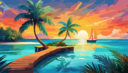 Fototapeta na wymiar Tropical island with palm trees on the sunset