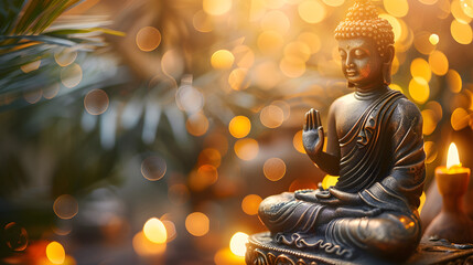 Meditating Zen Buddha statue with background of bokeh