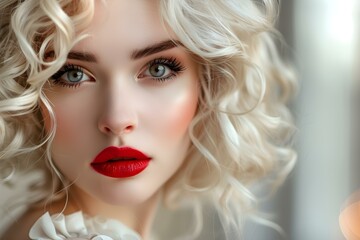 Fototapeta na wymiar Captivating portrait of a blonde woman with curly hair and bold red lips. Concept Beauty & Style, Makeup & Hair, Portrait Photography
