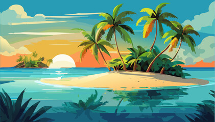 Fototapeta na wymiar Tropical island with palm trees on the sunset
