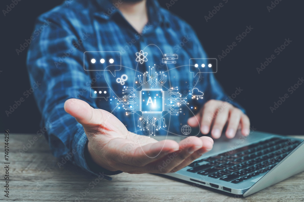 Poster ai technology, businessman show virtual graphic global internet connect chat with ai, artificial int