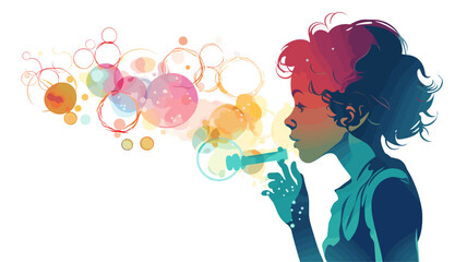 Abstract child blowing bubbles with a bubble wand. simple Vector art