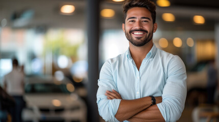 A confident businessman stands with arms crossed in the center of a luxurious car showroom, high-end vehicles, premium auto dealership, luxury, automotive sales, entrepreneurship, auto dealership - obrazy, fototapety, plakaty