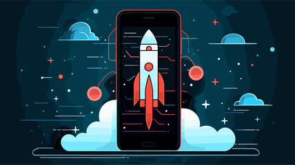 Abstract mobile app deployment with a rocket symbolizing launch. simple Vector art