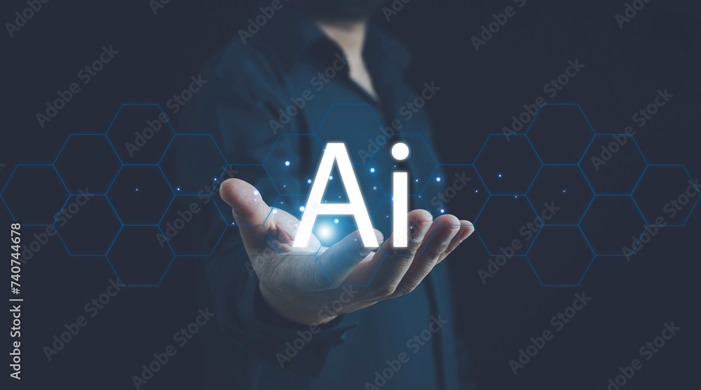 Poster ai technology, businessman show virtual graphic global internet connect chat with ai, artificial int