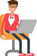 Man in Red Suit Character Working on Laptop
