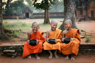 Three little Buddhist monks in rural area - obrazy, fototapety, plakaty