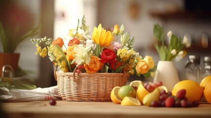 Basket with fruits and narcissus flowers on table in light kitchen
