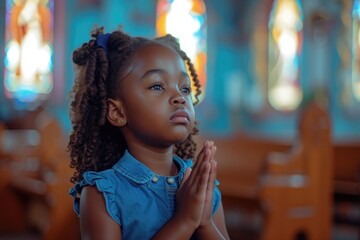 Adorable little African American child in church, asking for blessings from Jesus. Ai generative