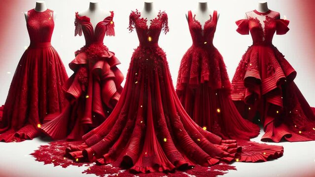 Stylish red dresses on a light background with gold sparkles.
