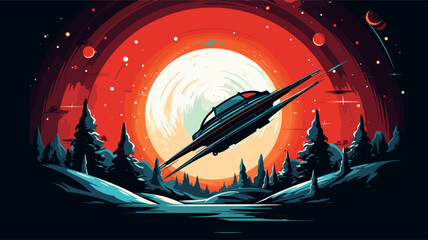 Abstract cosmic scene with a retro-inspired spacecraft. simple Vector art