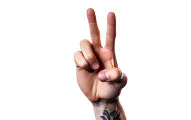 Person Making a Peace Sign With Their Hand. A person extending their fingers to form a peace sign gesture with their hand. on White or PNG Transparent Background.