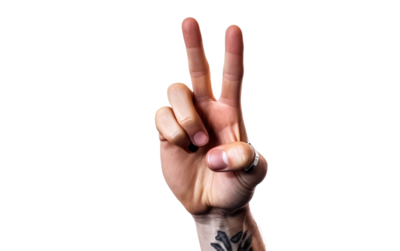 Person Making a Peace Sign With Their Hand. A person extending their fingers to form a peace sign gesture with their hand. on White or PNG Transparent Background.