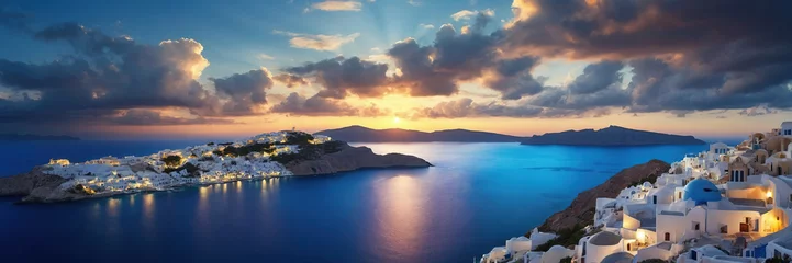 Türaufkleber Beautiful Greek island with blue domed churches at sunset. Island of love. © Sahaidachnyi Roman