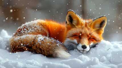 a bright red fox curled up in a snowbank on a snowy day - Powered by Adobe