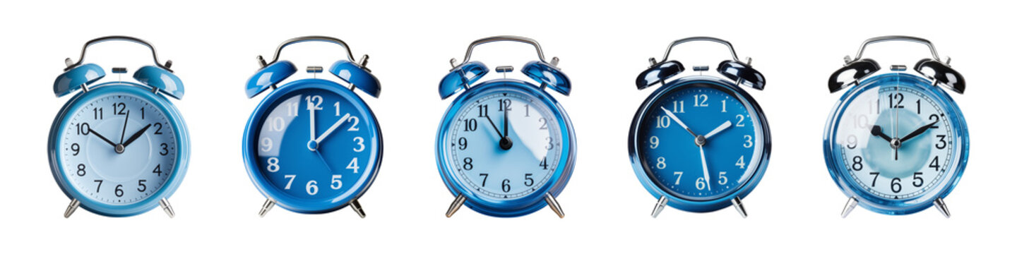 Collection of blue alarm clock isolated on a transparent background, PNG
