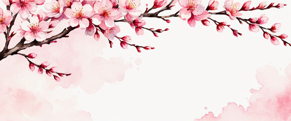 Cherry tree drawn on a white background. Cherry blossoms painted in watercolor style. With space for text. 