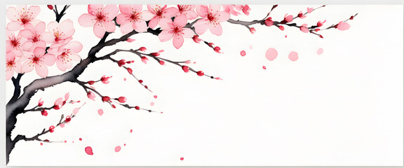 A drawing of a cherry blossom tree branch in full bloom. Illustration in watercolor style. With space for text. 