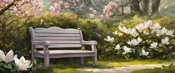 A park with wooden bench. A scenery with colorful flowers and bench. Spring park illustration in watercolor style.