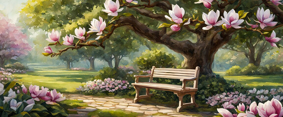 A wooden bench located under a large magnolia tree. A beautiful spring park with flowers in full bloom. Illustration in watercolor style. - obrazy, fototapety, plakaty