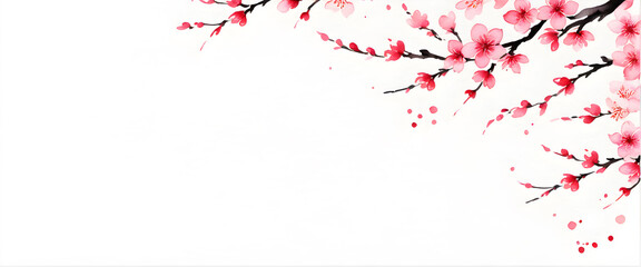 Branch with red flowers isolated on a white background. Illustration of cherry blossoms in full bloom in watercolor style.
