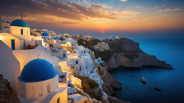 Beautiful Greek island with blue domed churches at sunset. Island of love.