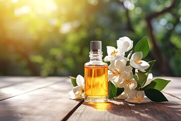 Jasmine essential oil in a glass bottle on a background of jasmine flowers on a wooden table
