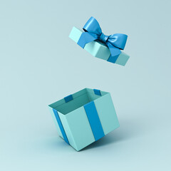 Blue gift box open or blank present box with blue ribbon and bow isolated on light blue or cyan background with shadow minimal concepts 3D rendering