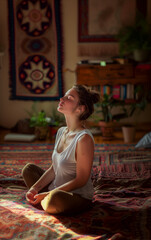Woman meditating in yoga pose at home - 740746672