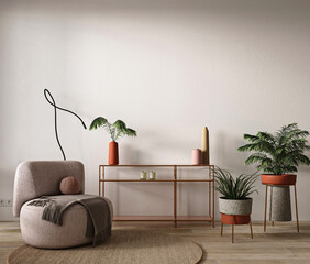 Modern living room with designer furniture and vibrant houseplants