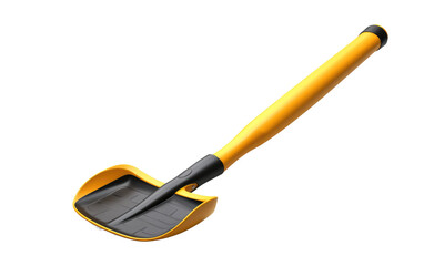 A Yellow Shovel With a Black Handle. A yellow shovel with a black handle laying on the ground in front of a dirt pile. on White or PNG Transparent Background.