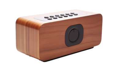 Wooden Box With Black Button. A wooden box with a black button placed on top of it, creating a simple yet intriguing image. on White or PNG Transparent Background.