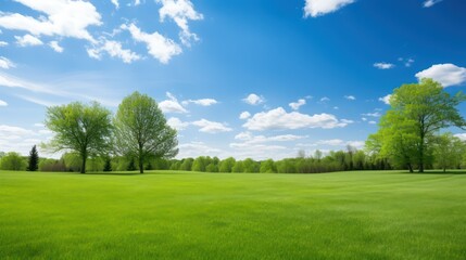 Serene landscape of a lush green park on a sunny day. Vibrant green landscape under a bright blue sky with fluffy white clouds