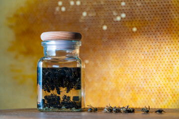 Glass bottle of tincture from dead bees in vodka on a background of honeycombs, closeup. Organic...