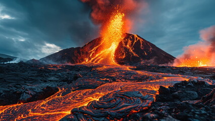 Volcano erupting at night with lava and smoke.