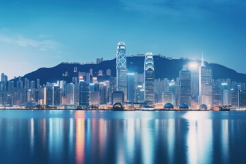 Cityscape at night with illuminated buildings reflecting on calm water.