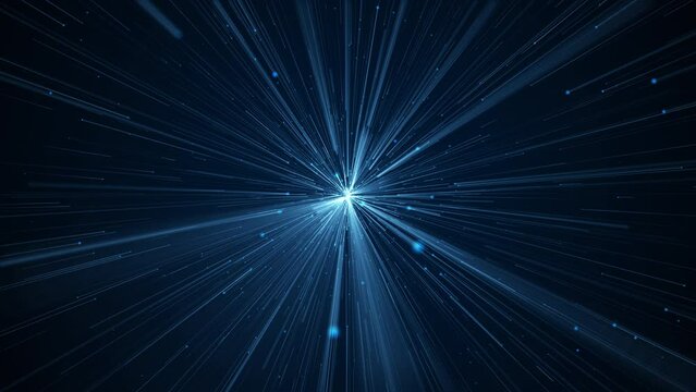 Cosmic interstellar hyperspace motion background animation. Flying at warp speed through glowing blue star light beams and star particles. Space tunnel starburst explosion animation.
